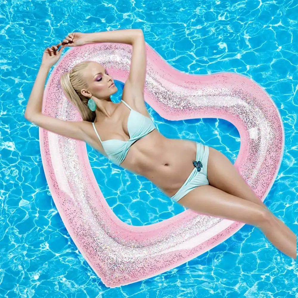 Water Fun Beach Party Toys Pool Float Loungers Heart Shaped Swimming Tube Glitter Inflatable Swim Rings for Kids Adults