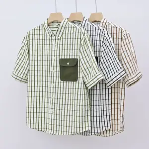 Men's plaid pocket shirt Medium sleeved casual cotton shirt Summer men's short sleeved shirt