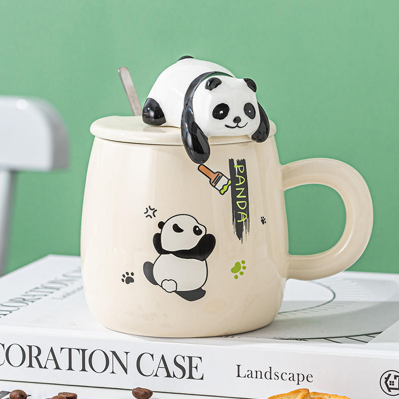Seaygift High Appearance Party Gift Black Panda Interactive Water Cup Cute Animal Cartoon Ceramic Cup Porcelain Mugs with Spoon