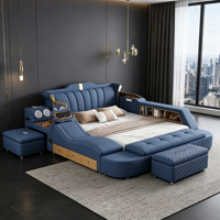 Luxuriöses Blaues Lederbett mit Massage-Kopfstütze Seitlicher Aufbewahrungsschrank Schublade Hebbare Bettendekonsole für Hochwertige Schlafzimmer