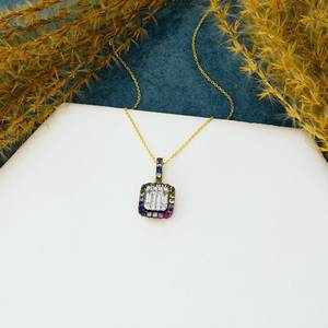 Collar de Diamantes de Lujo Minimalista con Zafiros Redondos y Baguette en Borde, Cierre de Anillo de Resorte, Cadena de Oro Sólido Amarillo de 14k, Calidad AAA - Product Image 2