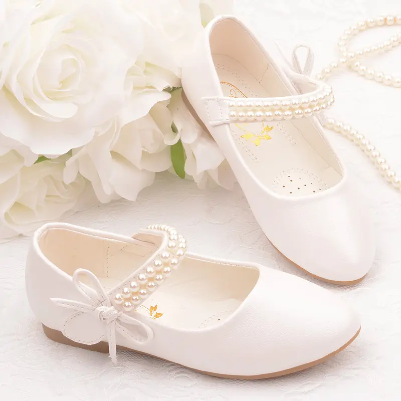 New Kids White Leather Children's Flat Shoes Princess Flower School Uniform Photography Girl Dress Shoes With Pearl