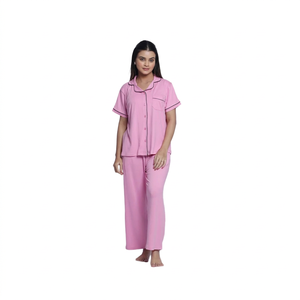Conjunto de Pijama de Algodón Rosa para Mujer, Manga Corta, Cuello Peter Pan, Ropa de Dormir Clásica, Largo Completo, Suave, Transpirable, Cintura Elástica - Product Image 3