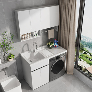 Mobile Lavanderia da Balcone con Lavabo Integrato, <span class=keywords><strong>Set</strong></span> Mobiletto <span class=keywords><strong>Bagno</strong></span> Impermeabile e Antiruggine per Lavatrice - Product Image 3