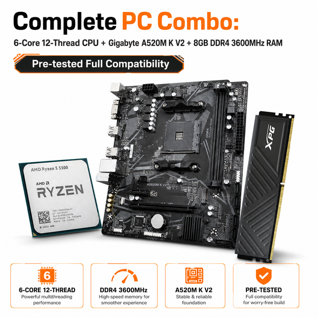 Wholesale AMD Ryzen 5 5500 CPU GIGABYTE A520M K V2 Motherboard 8GB DDR4 3600MHz RAM Bundle Kit PC Combo in Stock