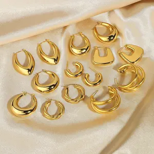 Grosir Set Anting Perhiasan Wanita Anting-Anting Hoop Tebal Dilapis Emas 18K Baja Tahan Karat Trendi Putar