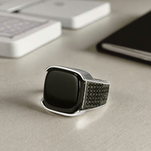 アンティーク トルコ デザイン 925 スターリング シルバー メンズ リング ロジウム スクエア ブラック オニキス 天然石 シンプル ウェディング ジュエリー - Product Image 1