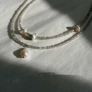 Collar de Perlas Keshi de Plata Natural Triturada de Doble Capa con Cristal de Cenicienta, Piedra Lunar Gris, Moda Femenina de Nicho - Product Image 3