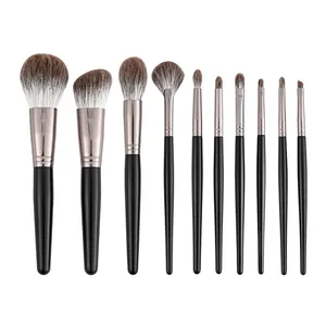 HXT-142 2024 High End Black Handle Professional Makeup Brushes Set Animal Natural Hair White Snow Fox Fur 10 Pc Makeup Brush