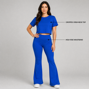 Ensemble 2 pièces de sport et yoga pour femme grande taille avec logo personnalisé, taille élastique, manches courtes amples et leggings évasés taille haute - Product Image 5