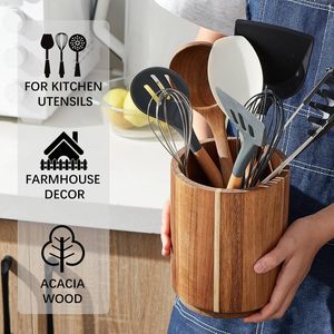 Wooden Cutlery Storage Box <b>Round</b> Eco-Friendly Kitchen Organizer For Utensils And Makeup <b>Brushes</b> - Product Image 4