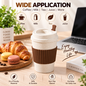 Tasse à café réutilisable en paille de blé, gobelet de voyage portable avec couvercle et manchon antidérapant pour thé au lait, petit-déjeuner, bureau, étudiant, extérieur - Product Image 5