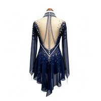 Robe de patinage artistique bleu marine à strass, col montant, dos évidé, manches longues, en maille, pour compétition de patinage sur glace, personnalisable