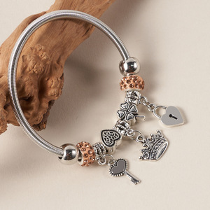 Fashion Charm <b>Bracelet</b> Tibetan Silver Heart Crown Key Lock Pendant Beaded Spring Elastic Bangle Unisex Gift Jewelry - Product Image 2