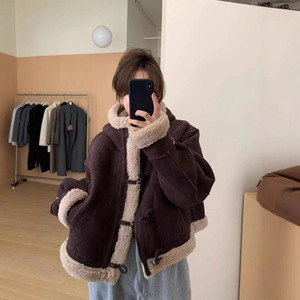 Women's Hooded Shearling Coat Dark Brown Short Style Winter Warm Faux Fur Jacket Loose Fit With Horn Buttons - Product Image 1
