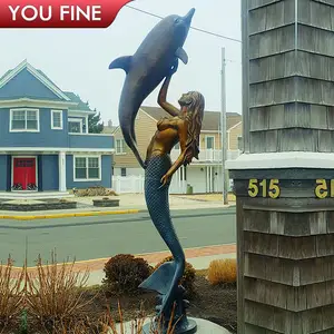 Garden Life Size Schöne Strand Bronze Meerjungfrau mit Delphin Statue zu verkaufen