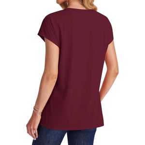 T-shirt col en V pour femme, manches courtes, bordeaux, avec poche, haut décontracté d'été, jersey de coton respirant, taille M - Product Image 5