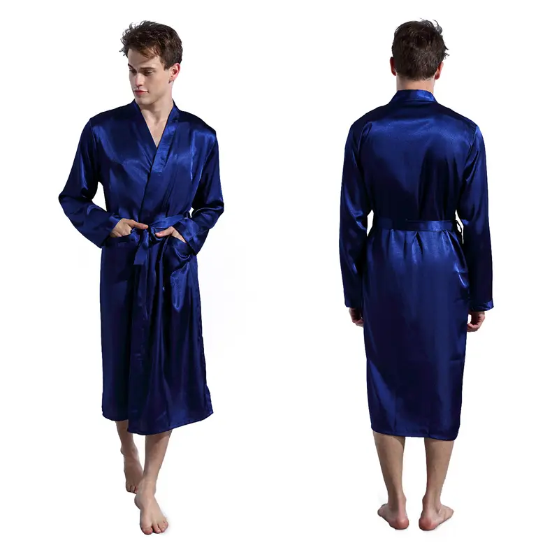 Men's solid color robe thin cardigan robe loose large size long sleeve spring and autumn glossy bathrobe