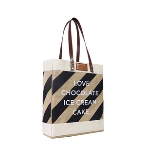 Bolsa de sacola de juta reutilizável, sacola de algodão para compras de linho com alça de couro de pu - Product Image 1