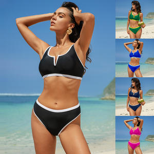 Traje de baño bikini de 2 piezas para mujer, cuello en V profundo, ribete en contraste, tela elástica, para natación, deportes acuáticos, ropa de playa - Product Image 1
