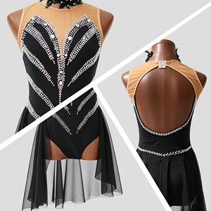 Robe lyrique noire pour femmes, motif en strass, jupe en maille, costume de danse jazz, tenue de scène pour compétition adulte - Product Image 2