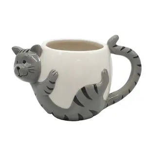 Creative Cartoon Cat shaped coffee mug,Hand painted Gray Color Embossed Cat Mug , Animal Mug Supplier and Manufacture