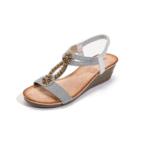 Sandalias de cuña para mujer, estilo étnico bohemio retro, con botón de madera, elásticas y con pedrería, cómodas, novedad 2026 - Product Image 2