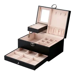 DS064 Girls Jewelry Box Earring Ring Necklace Holder Organizer Portable Travel Case Lock 3 Layers Jewelry Display Storage Case