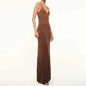 Vestido de Punto Acanalado de Longitud Midi con Escote en V Profundo para Mujer, Nuevo Modelo 2025, Transpirable, Ecológico, Vestidos de Punto Sólidos sin Mangas - Product Image 3