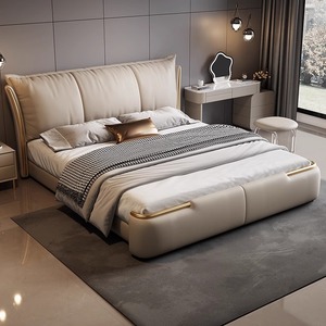 Villa italienne Lit double en cuir de luxe Chambre à coucher principale King Queen Rangement de lit en cuir souple haut de gamme Meubles multifonctions - Product Image 3