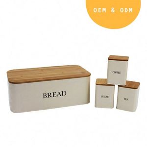 Bamboo Cutting Board Lid Kitchen Bread Bin <b>Box</b> With 3- Piece Sugar <b>Tea</b> Coffee Containers Sets - Product Image 2