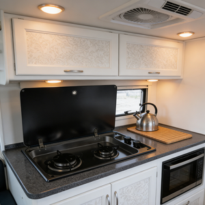 เตาแก๊ส JDA คุณภาพพรีเมียม สีดำเคลือบสแตนเลส SS304 สำหรับรถบ้าน - 2 หัวเตา พร้อมฝาครอบกระจก สำหรับคาราวาน รถแคมป์ปิ้ง เรือ และรถบ้านเคลื่อนที่ - Product Image 3