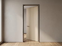 Porte intérieure en bois minimaliste moderne avec cadre étroit, finition grain de bois, ouverture manuelle, surface finie, porte battante décorative