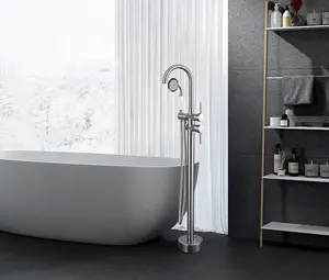 现代圆形浴室304不锈钢双手柄水龙头落地式浴缸水龙头淋浴套装