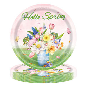 Ensemble de vaisselle sur le thème des fleurs de printemps, 40-60 pièces, assiettes en papier, gobelets, serviettes, couverts, nappe, décoration pour une utilisation en extérieur au printemps - Product Image 3