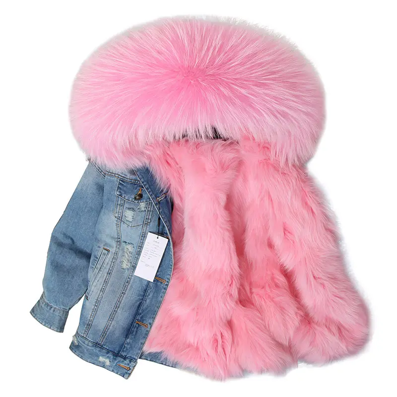 women jeans jacket real fox fur long parka coat with bigger hood winter coats for ladies women plus size parka denim fox jacket