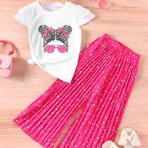 girls Summer cartoon short sleeve top+ wide leg long pants casual two-piece set