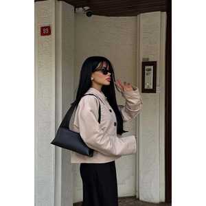 Blouson Bomber Long en Polyester pour Femme Automne/Hiver, Motif à Carreaux et Rayures, Col Montant, Boutons Crème, Logo Personnalisable - Product Image 3