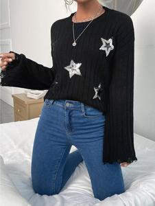 Nuovo Design maglioni di alta moda con rifiniture in rilievo con scollo rotondo a spalla nero maglione con stelle di <span class=keywords><strong>paillettes</strong></span> per donna - Product Image 5