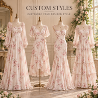 Robe longue sirène formelle pour femme en mousseline à imprimé floral, col cœur, manches longues bouffantes, coupe ajustée, longueur ras du sol, OEM