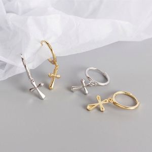 Dylam NO MOQ Stylish 925 Sterling <b>Silver</b> Rhodium Plated Simple Design Dangle Cross <b>Hoop</b> <b>Earrings</b> for Women - Product Image 5