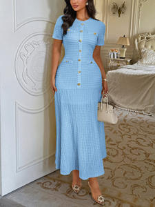 <span class=keywords><strong>Robe</strong></span> midi côtelée pour femme, collection automne 2026, col rond boutonné, manches courtes, style décontracté pour les fêtes d'hiver - Product Image 6