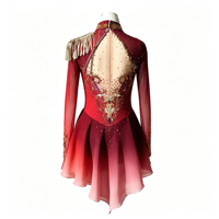 Costume de patinage artistique dégradé rouge rose, robe en maille à manches longues avec strass pour filles adultes, compétition et performance