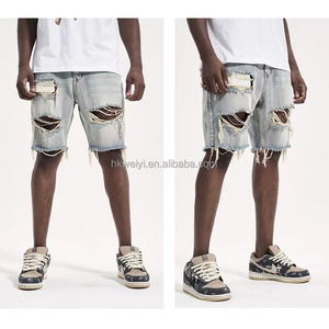 กางเกงยีนส์ขาสั้นผู้ชายสไตล์วินเทจขาดๆ แบบยุโรปอเมริกัน สำหรับฤดูร้อน ขอบดิบ ตัดเย็บแบบครอป รับทำโลโก้ OEM - Product Image 3