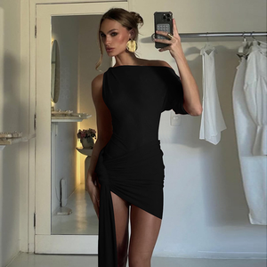 <span class=keywords><strong>Robe</strong></span> mini élégante pour femme, à une épaule, froncée, avec design asymétrique moulant, idéale pour les soirées d'été - Product Image 6
