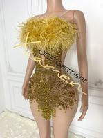 Robe de soirée mini ornée de plumes et de strass dorés Ocstrade, robe de célébrité scintillante avec cristaux pour anniversaire