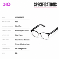   Lunettes Audio Intelligentes 5.4 à Oreille Ouverte, Lentille Claire, Double Commande Tactile, Musique Sans Fil, Appels, Chargement Magnétique USB, Contrôle Vocal IA