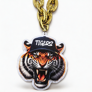Collar <span class=keywords><strong>de</strong></span> cadena con cabeza <span class=keywords><strong>de</strong></span> tigre rugiente <span class=keywords><strong>de</strong></span> EVA, colgante <span class=keywords><strong>de</strong></span> mascota <span class=keywords><strong>de</strong></span> gato salvaje <span class=keywords><strong>de</strong></span> eslabones gruesos y grandes en oro para atuendo <span class=keywords><strong>de</strong></span> aficionado en el día del partido deportivo - Product Image 1