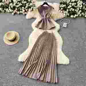 Conjunto Casual de Verano para Mujer, Tejido Sólido, Cuello Redondo, Sin Mangas, Top Tipo Túnica con Lazos, Falda Midi de Cintura Alta, Poliéster/Algodón - Product Image 1
