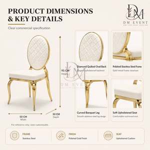 Silla de Recepción de Boda de Acero Inoxidable Dorado con Respaldo Ovalado Acolchado de Diamantes y Cojín Blanco para Salones de Banquetes, Asientos al por Mayor - Product Image 4